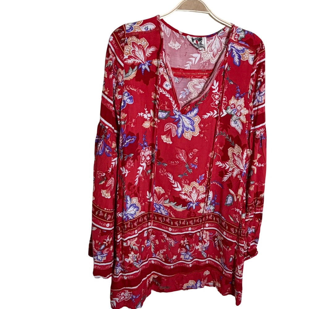Jase Red Floral Bohemian Bell Sleeve Tunic Top Split Neck Tassel Tie Small